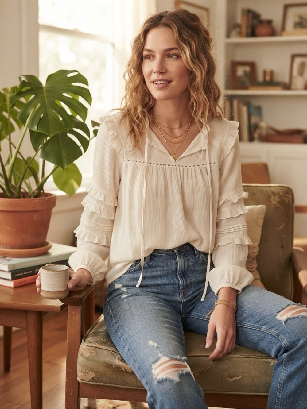 ANN TAYLOR | Cream Ruffled Peasant Blouse in Small